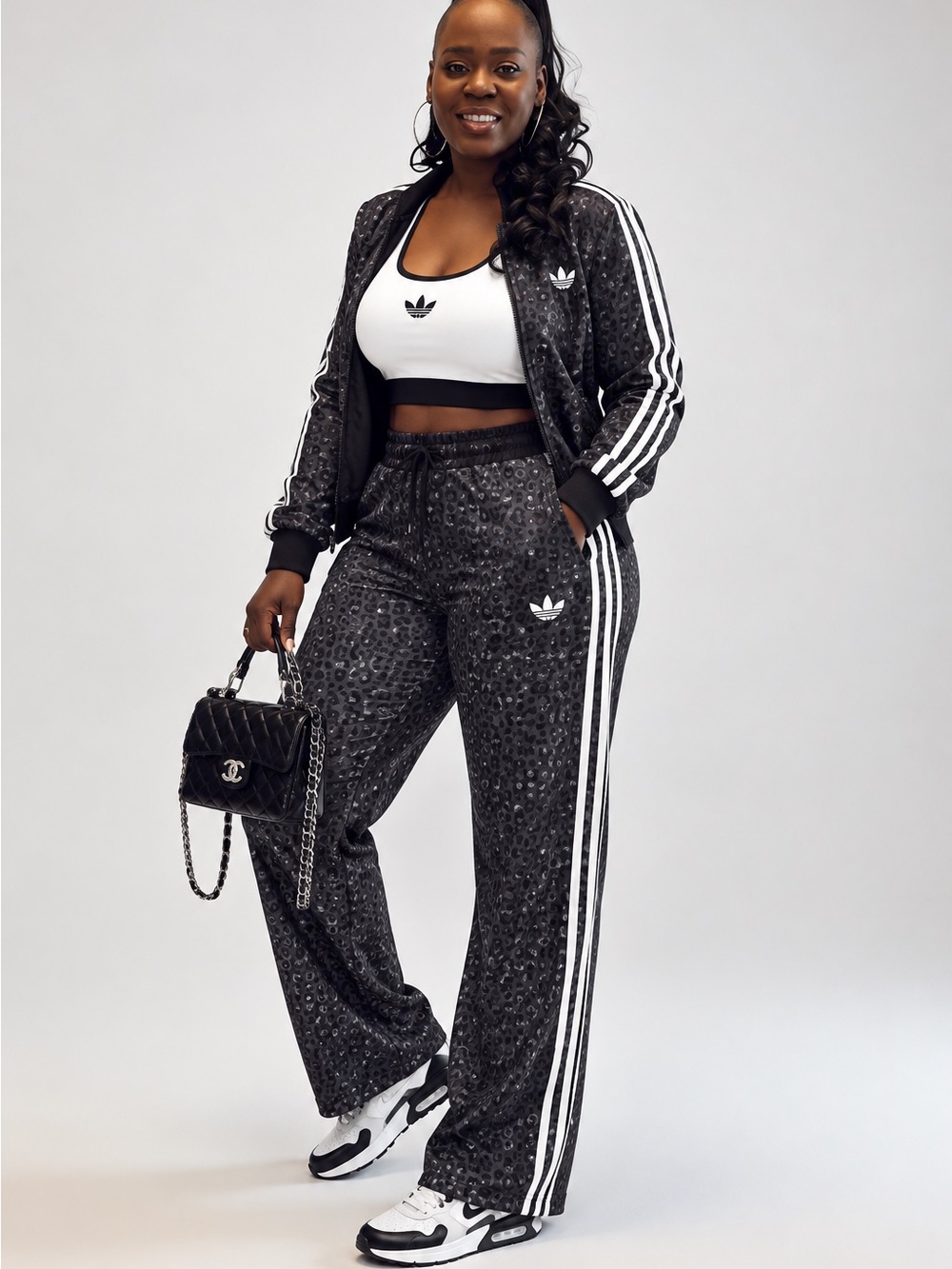 adidas Black Leopard-Print Track Pants with White Stripes